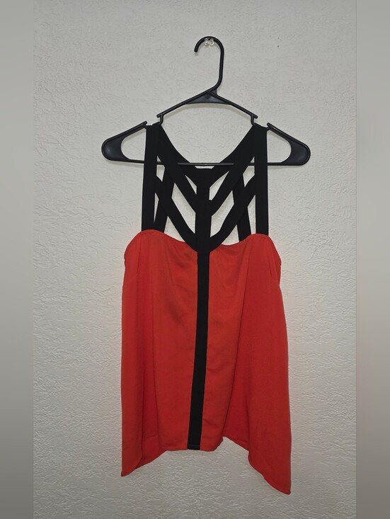 Bisou Bisou Tops - Bisou Bisou Coral-Red Strapless Top with Black Crisscross Straps SMALL